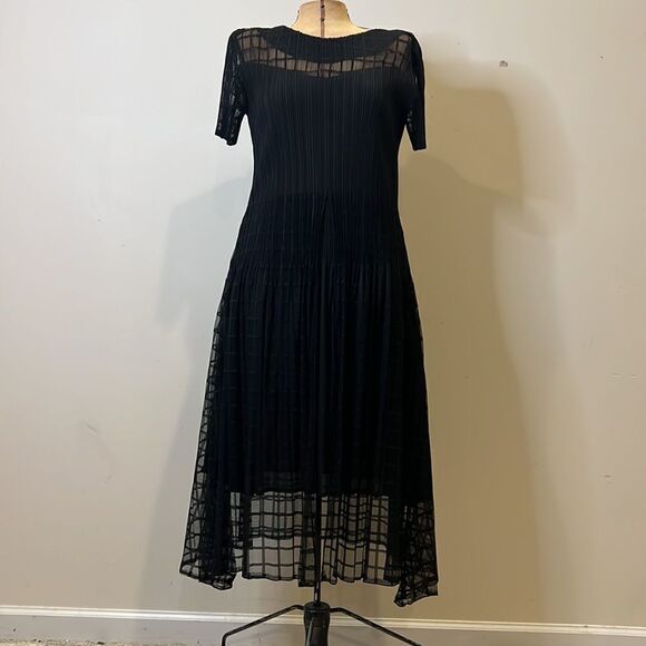 Veeca Black Sheer Crinkle Skirt Dress with Cap Sleeves - Size Small - Picture 1 of 14